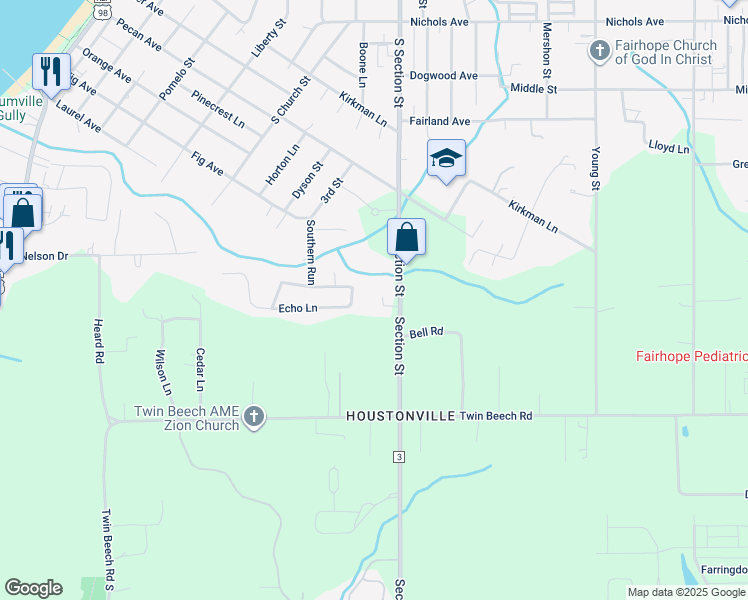 map of restaurants, bars, coffee shops, grocery stores, and more near 7 Twin Echo Court in Fairhope