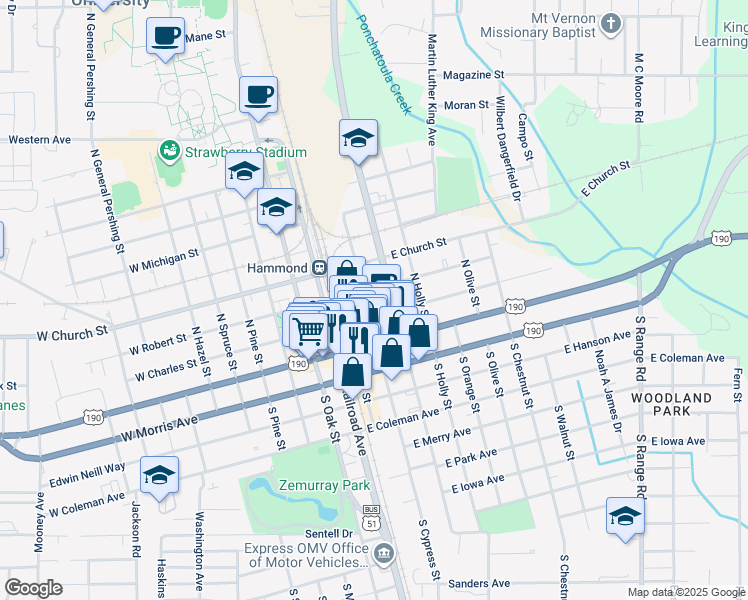 map of restaurants, bars, coffee shops, grocery stores, and more near 109 East Charles Street in Hammond
