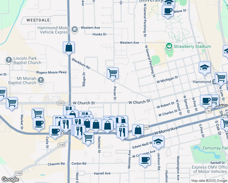 map of restaurants, bars, coffee shops, grocery stores, and more near 1506 West Church Street in Hammond