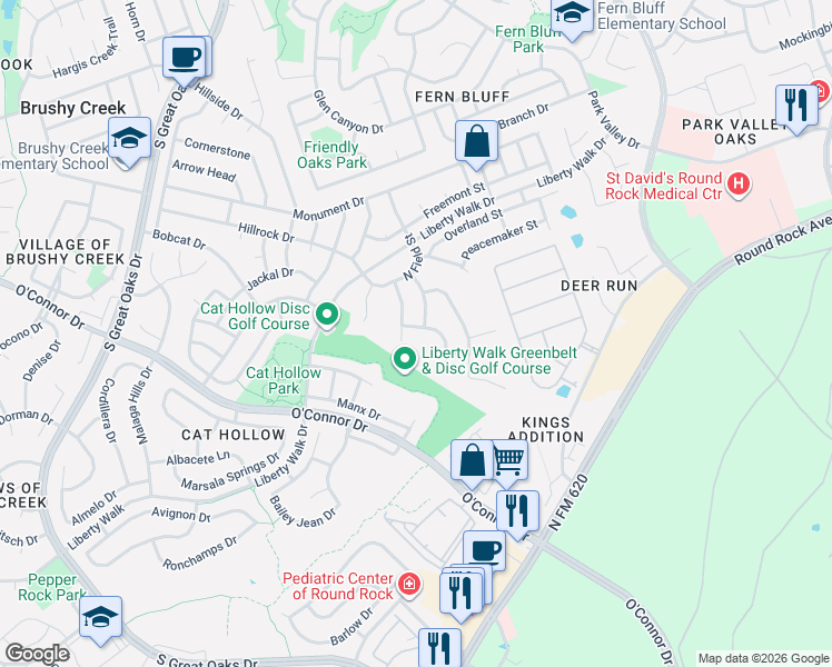 map of restaurants, bars, coffee shops, grocery stores, and more near 3207 Aquila Court in Round Rock