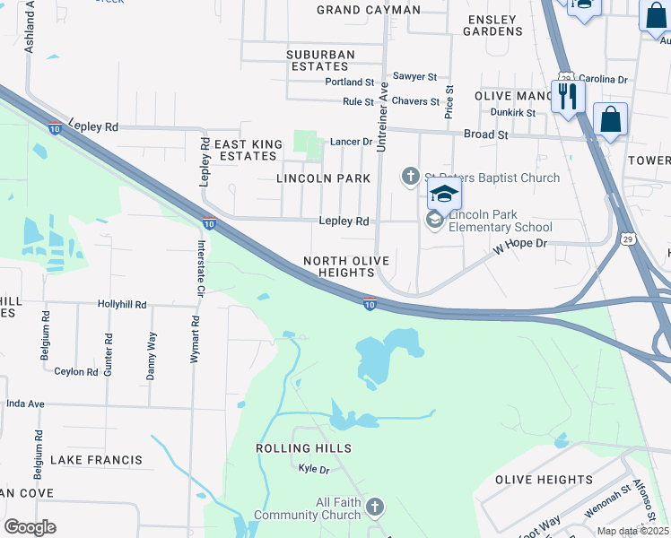 map of restaurants, bars, coffee shops, grocery stores, and more near 1342 Bolivia Street in Pensacola