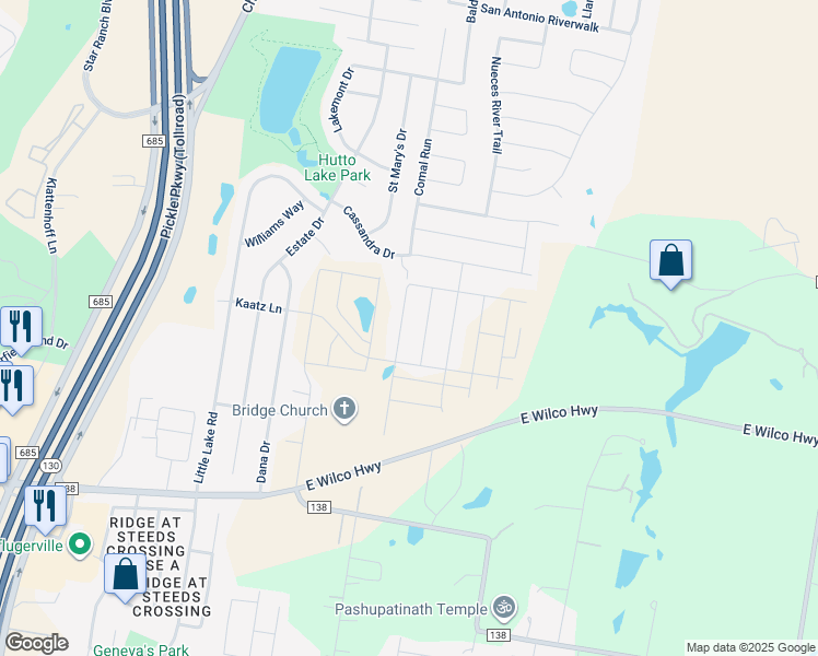 map of restaurants, bars, coffee shops, grocery stores, and more near 216 Cassandra Drive in Hutto
