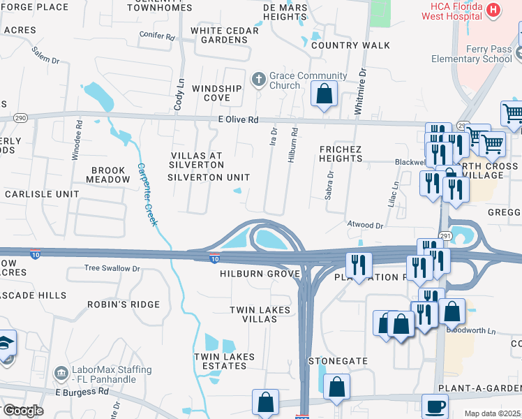 map of restaurants, bars, coffee shops, grocery stores, and more near 1501-1599 Atwood Drive in Pensacola