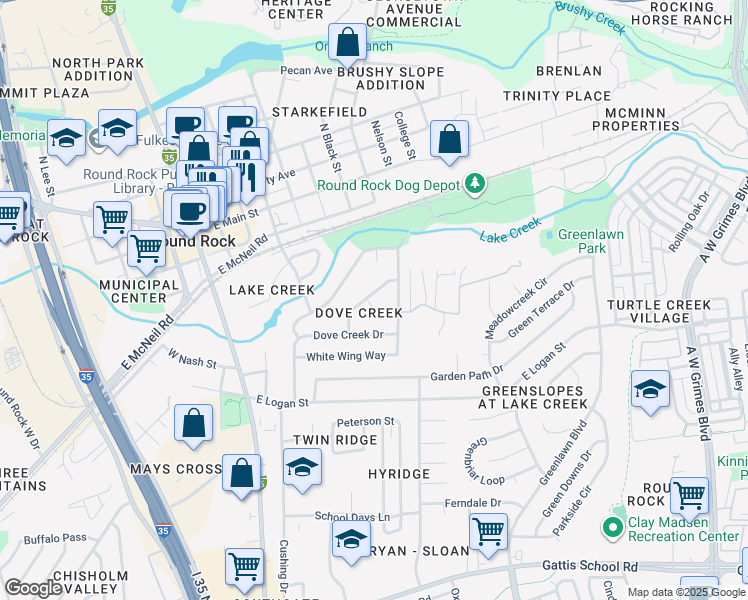 map of restaurants, bars, coffee shops, grocery stores, and more near 505 Quail Creek Circle in Round Rock
