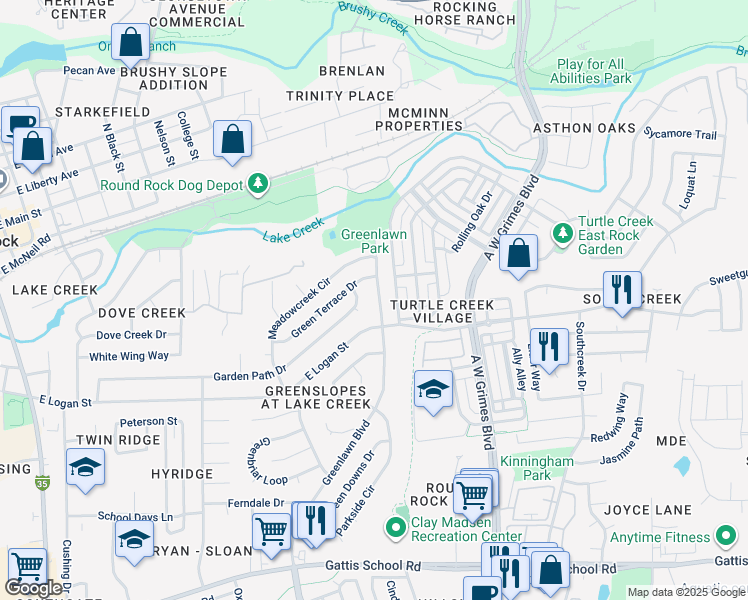 map of restaurants, bars, coffee shops, grocery stores, and more near 510 Greenlawn Boulevard in Round Rock
