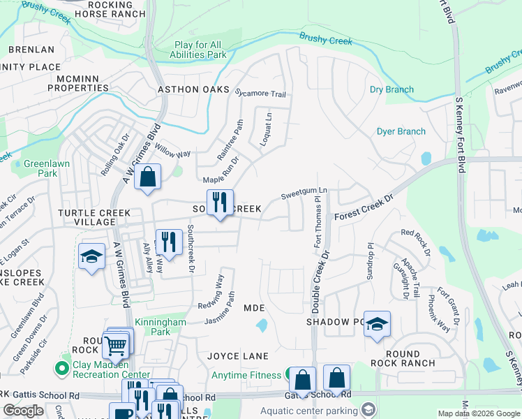map of restaurants, bars, coffee shops, grocery stores, and more near 601 Sweetgum Lane in Round Rock