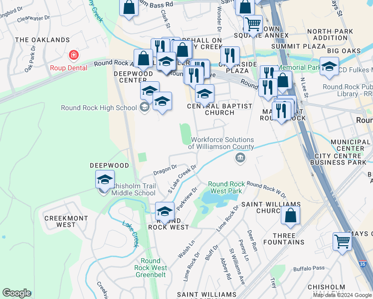 map of restaurants, bars, coffee shops, grocery stores, and more near 1206 Glenda Drive in Round Rock