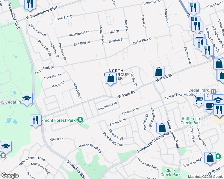 map of restaurants, bars, coffee shops, grocery stores, and more near 201 Cherry Laurel Drive in Cedar Park