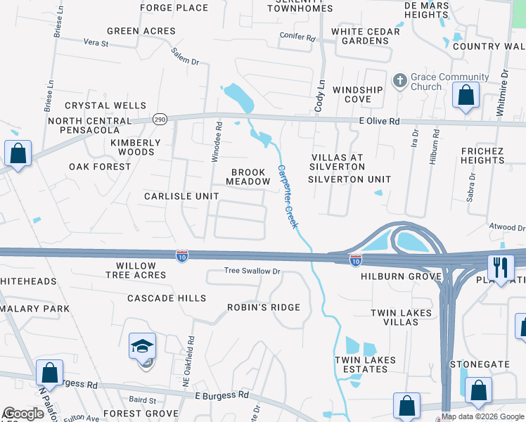map of restaurants, bars, coffee shops, grocery stores, and more near 7994 Nalo Creek Loop in Pensacola