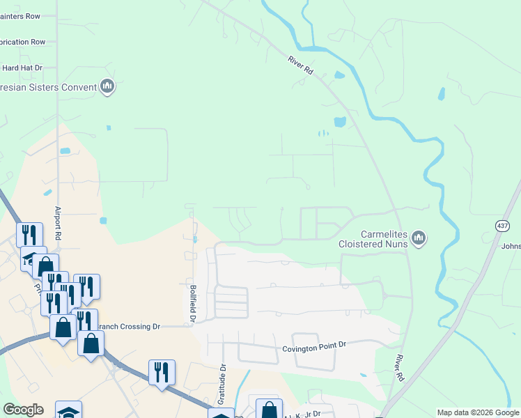 map of restaurants, bars, coffee shops, grocery stores, and more near 616 Wild Meadow Way in Covington