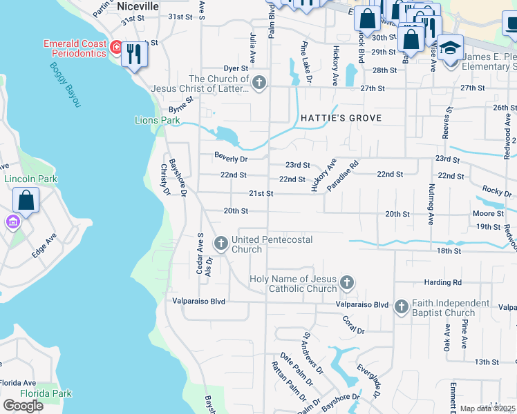 map of restaurants, bars, coffee shops, grocery stores, and more near 213 20th Street in Niceville