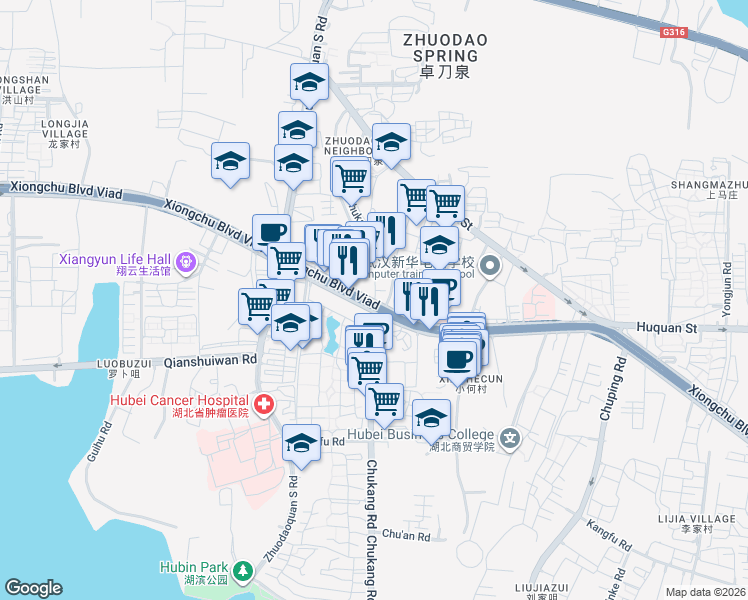 map of restaurants, bars, coffee shops, grocery stores, and more near 415 Xiong Chu Da Dao in Wu Han Shi