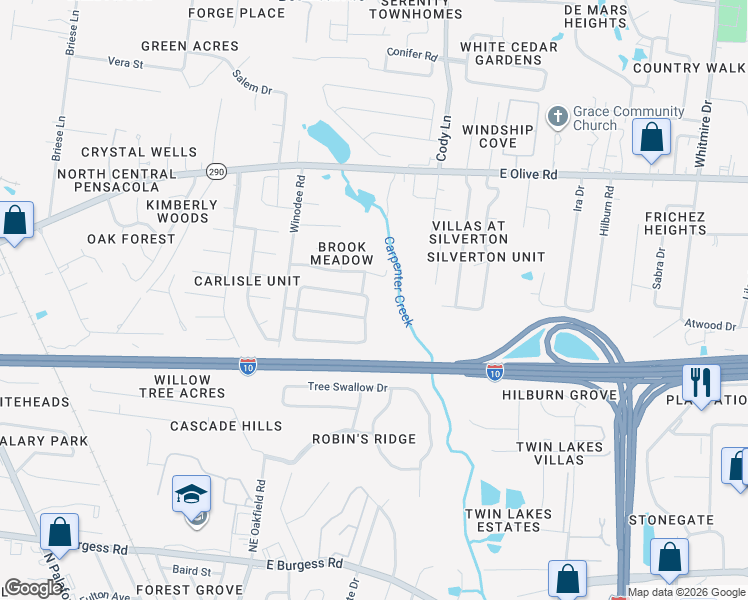 map of restaurants, bars, coffee shops, grocery stores, and more near 8003 Nalo Creek Loop in Pensacola