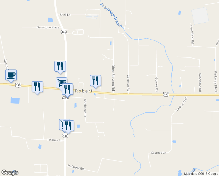 map of restaurants, bars, coffee shops, grocery stores, and more near 23201 U.S. 190 in Robert