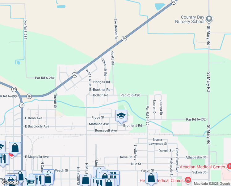 map of restaurants, bars, coffee shops, grocery stores, and more near 224 Bollich Road in Eunice