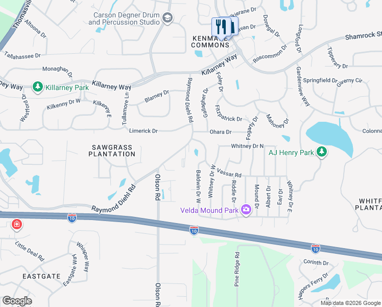 map of restaurants, bars, coffee shops, grocery stores, and more near 3268 Baldwin Drive West in Tallahassee