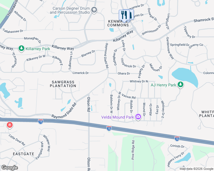 map of restaurants, bars, coffee shops, grocery stores, and more near 3268 Baldwin Drive West in Tallahassee