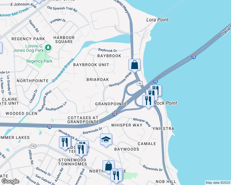 map of restaurants, bars, coffee shops, grocery stores, and more near 4340 Grandpointe Place in Pensacola