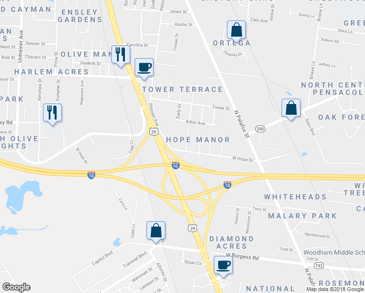 map of restaurants, bars, coffee shops, grocery stores, and more near 300 West Hope Drive in Pensacola