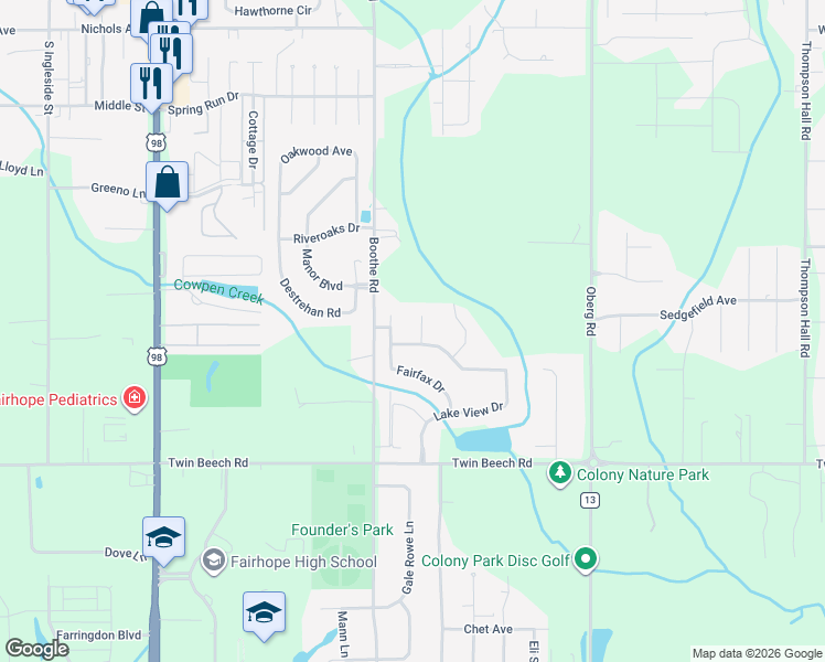map of restaurants, bars, coffee shops, grocery stores, and more near 9101 Lake View Drive in Fairhope