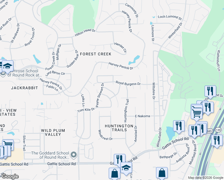 map of restaurants, bars, coffee shops, grocery stores, and more near 113 Nick Price Loop in Round Rock
