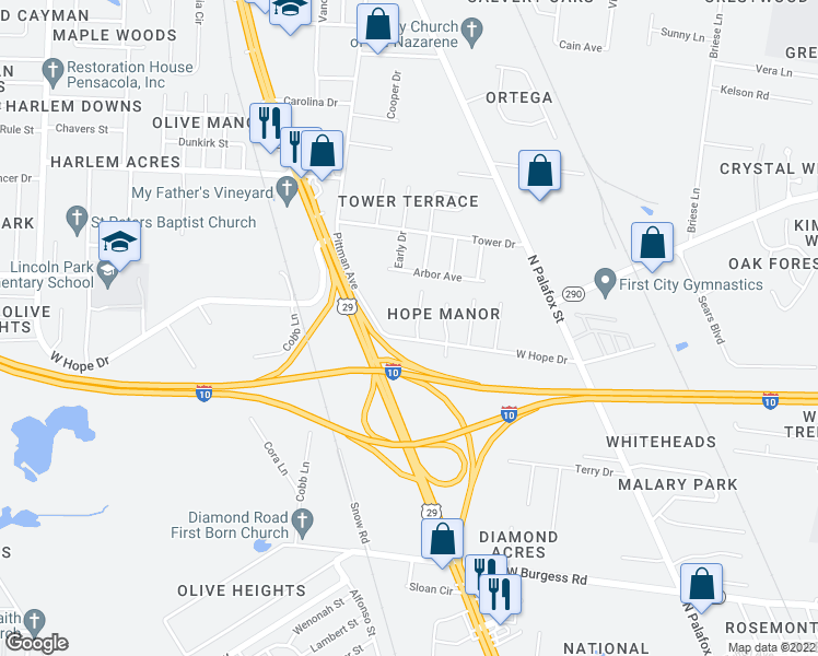 map of restaurants, bars, coffee shops, grocery stores, and more near 7603 Charity Drive in Pensacola