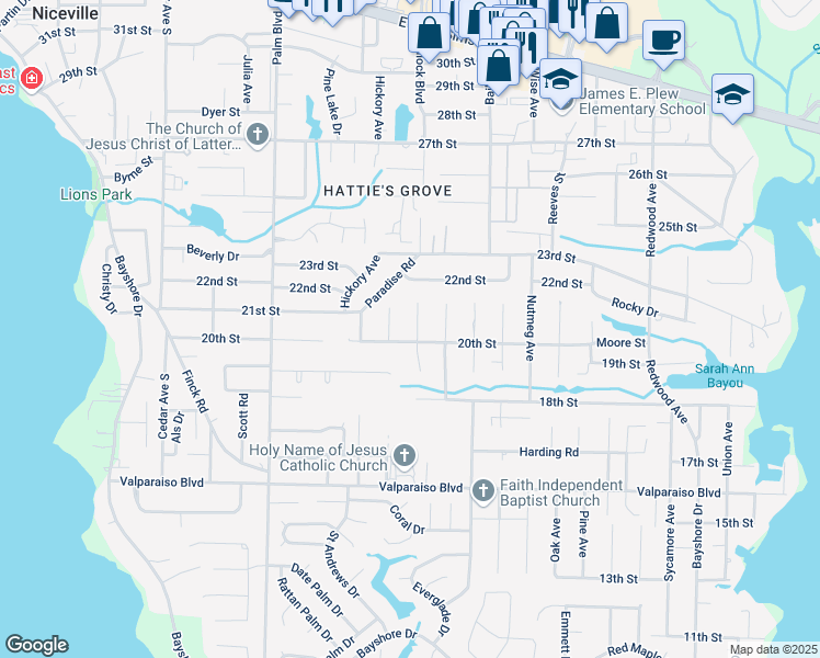 map of restaurants, bars, coffee shops, grocery stores, and more near 518 Juniper Avenue in Niceville
