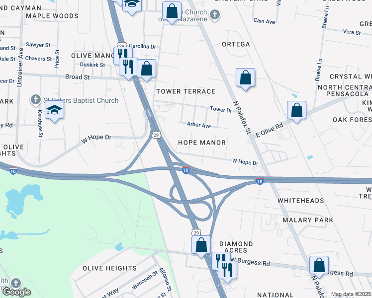 map of restaurants, bars, coffee shops, grocery stores, and more near 300 West Hope Drive in Pensacola