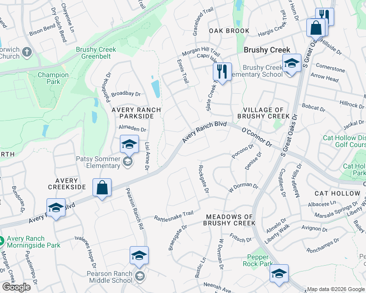 map of restaurants, bars, coffee shops, grocery stores, and more near 9433 Meyrick Park Trail in Austin