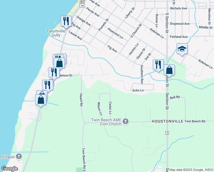 map of restaurants, bars, coffee shops, grocery stores, and more near 6462 Nelson Drive in Fairhope