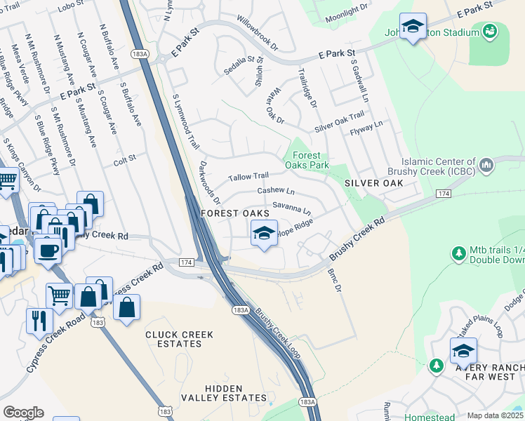 map of restaurants, bars, coffee shops, grocery stores, and more near 924 Cashew Lane in Cedar Park