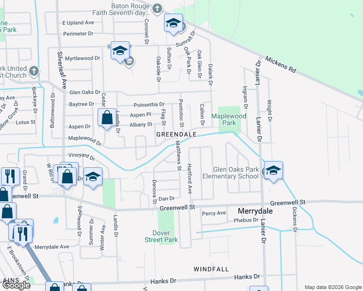 map of restaurants, bars, coffee shops, grocery stores, and more near 7624 Maplewood Drive in Baton Rouge