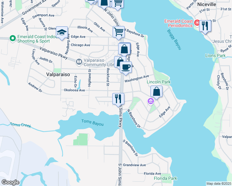 map of restaurants, bars, coffee shops, grocery stores, and more near 159 South John Sims Parkway in Valparaiso