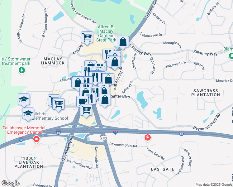 map of restaurants, bars, coffee shops, grocery stores, and more near 2306 Killearn Center Boulevard in Tallahassee