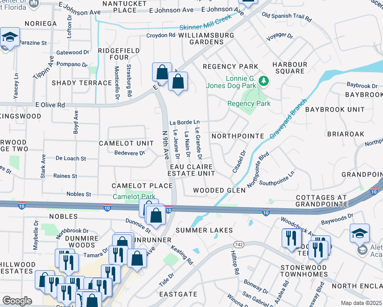 map of restaurants, bars, coffee shops, grocery stores, and more near 7820 La Nain Drive in Pensacola