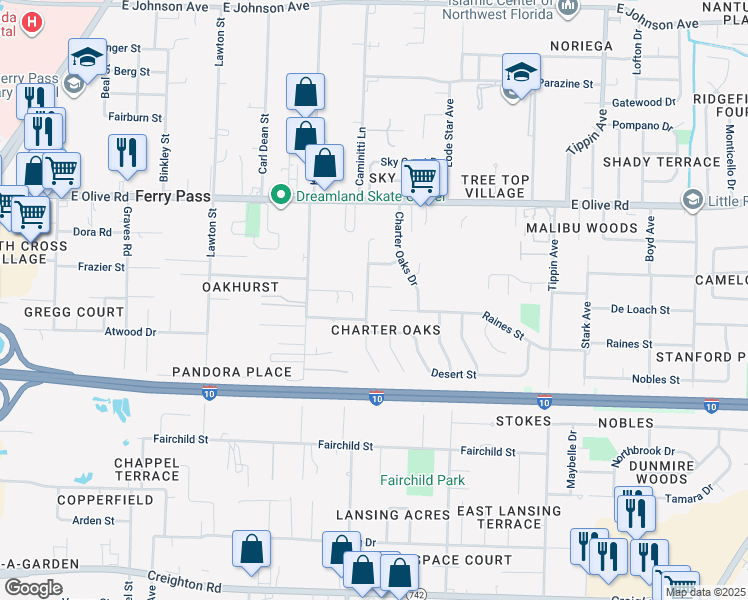 map of restaurants, bars, coffee shops, grocery stores, and more near 300 Pin Oak Court in Pensacola