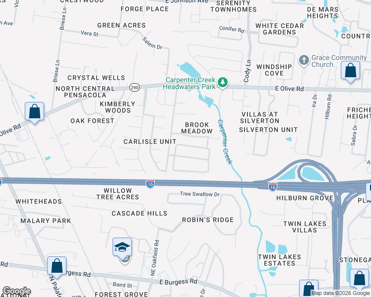 map of restaurants, bars, coffee shops, grocery stores, and more near 729 Brook Meadow Lane in Pensacola