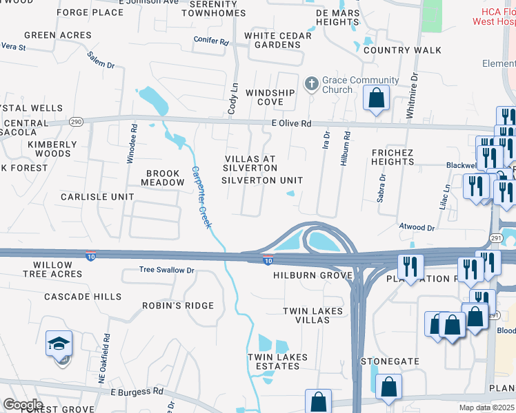 map of restaurants, bars, coffee shops, grocery stores, and more near 7865 Heirloom Drive in Pensacola