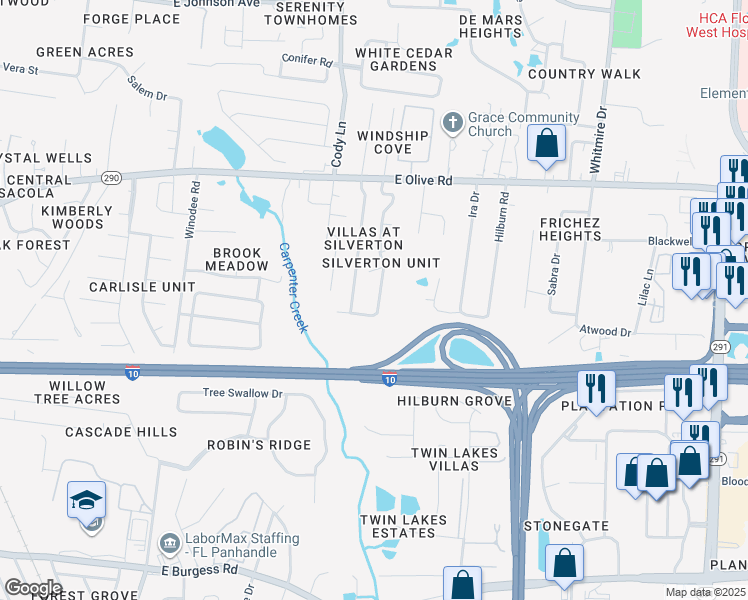 map of restaurants, bars, coffee shops, grocery stores, and more near 7865 Heirloom Drive in Pensacola