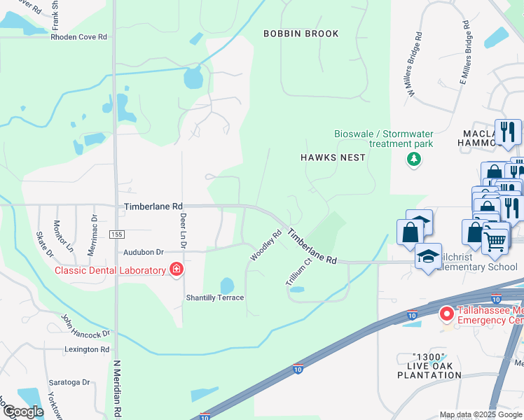 map of restaurants, bars, coffee shops, grocery stores, and more near 699 Timberlane Road in Tallahassee