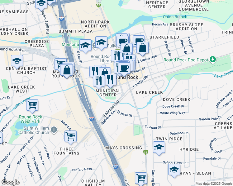 map of restaurants, bars, coffee shops, grocery stores, and more near 269 West Bagdad Avenue in Round Rock