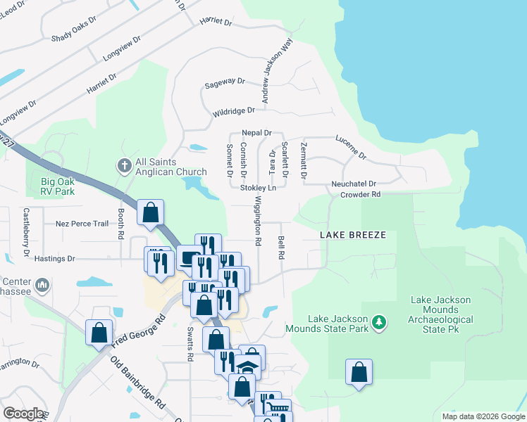 map of restaurants, bars, coffee shops, grocery stores, and more near 3925 Wiggington Road in Tallahassee