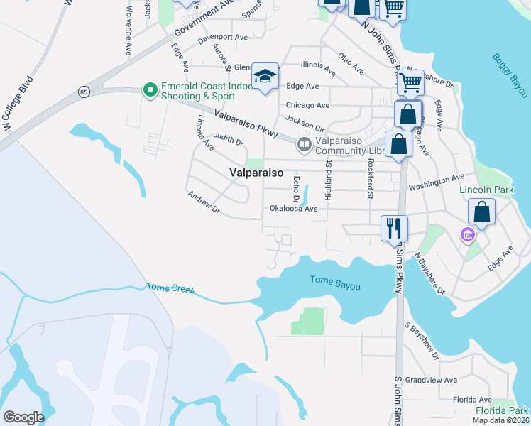 map of restaurants, bars, coffee shops, grocery stores, and more near 368 Okaloosa Avenue in Valparaiso