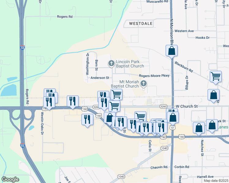 map of restaurants, bars, coffee shops, grocery stores, and more near 2613 Aleata Drive in Hammond