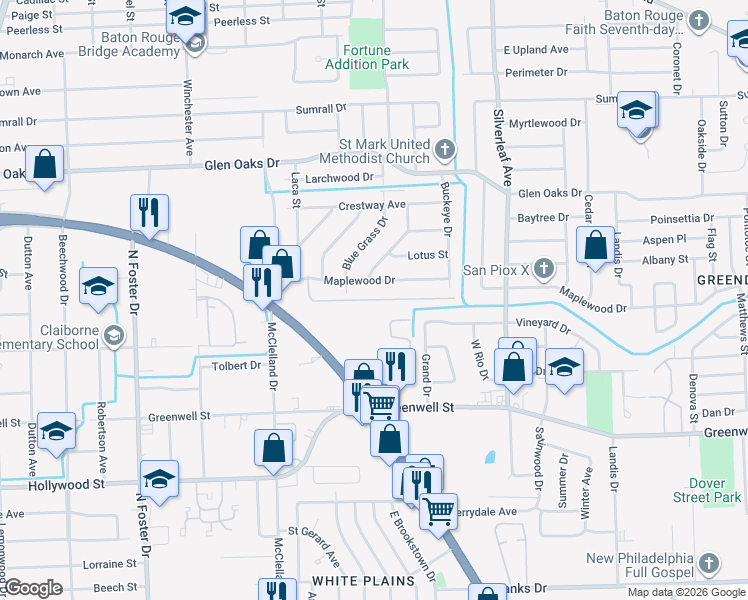 map of restaurants, bars, coffee shops, grocery stores, and more near 5744 Maplewood Drive in Baton Rouge
