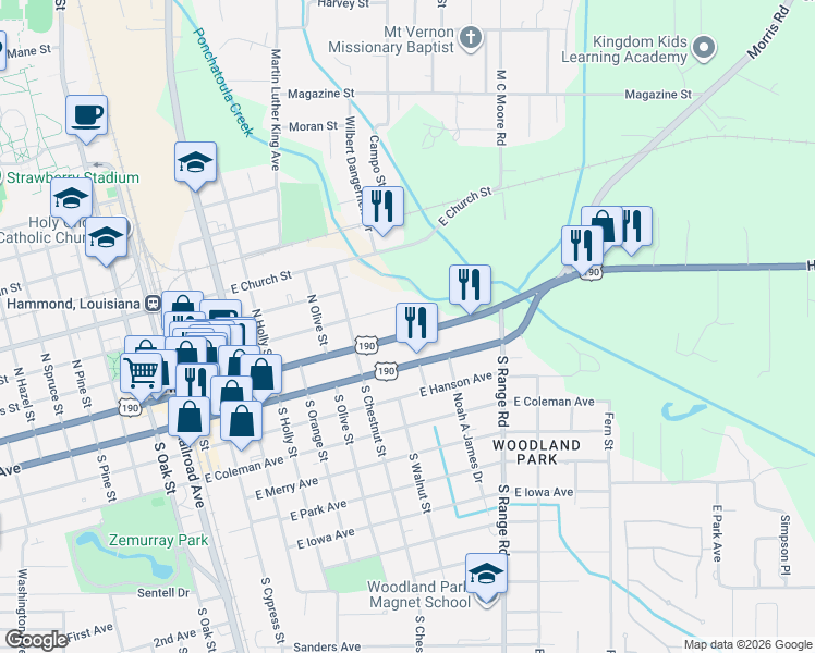 map of restaurants, bars, coffee shops, grocery stores, and more near 1001 East Thomas Street in Hammond