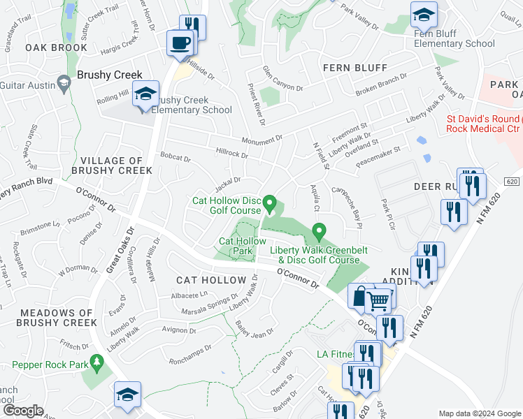 map of restaurants, bars, coffee shops, grocery stores, and more near 8334 Liberty Walk Drive in Round Rock