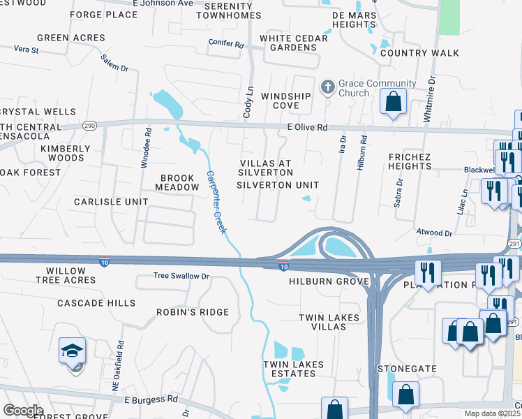 map of restaurants, bars, coffee shops, grocery stores, and more near 7874 Stonebrook Drive in Pensacola