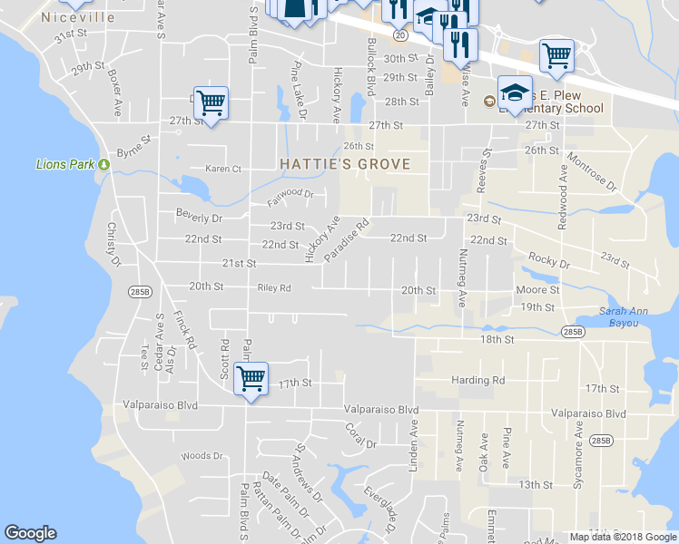 map of restaurants, bars, coffee shops, grocery stores, and more near 5 Corbin Court in Niceville