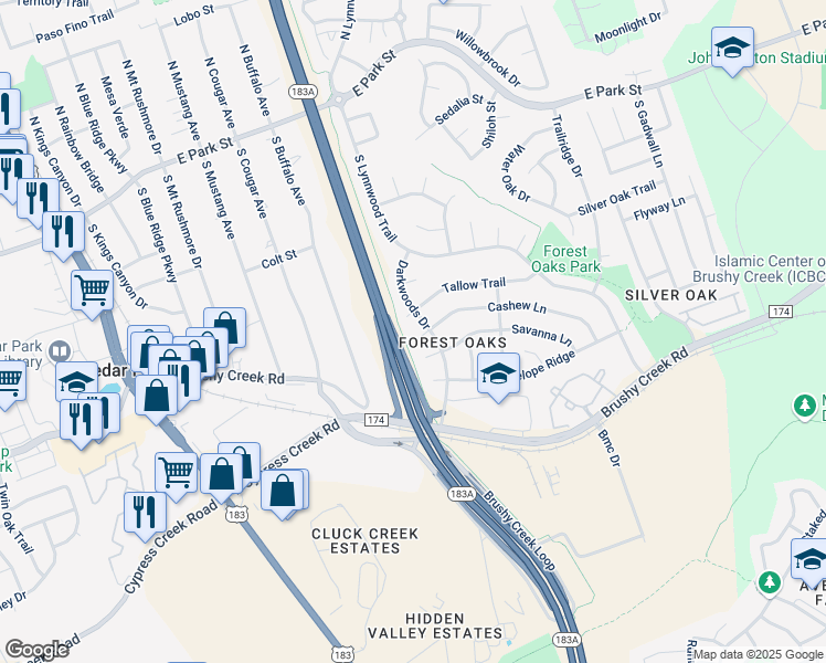 map of restaurants, bars, coffee shops, grocery stores, and more near 802 Tallow Trail in Cedar Park